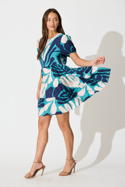 Kathleen Smock Dress in Multi Blue Print
