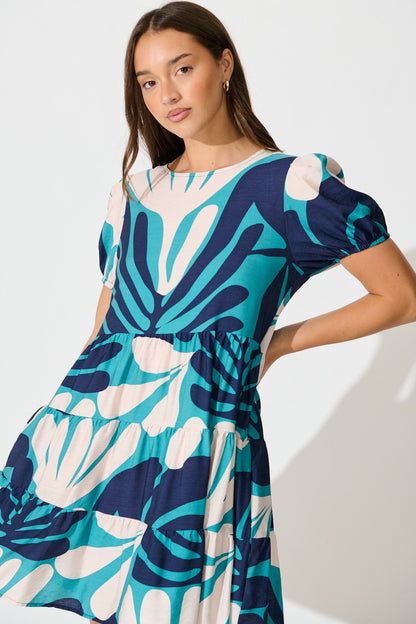 Kathleen Smock Dress in Multi Blue Print