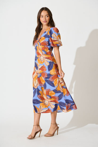 Calissa Midi Dress in Multi Print Linen Blend