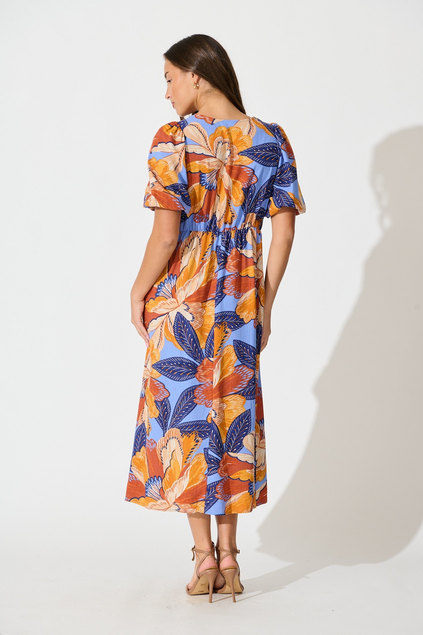 Calissa Midi Dress in Multi Print Linen Blend