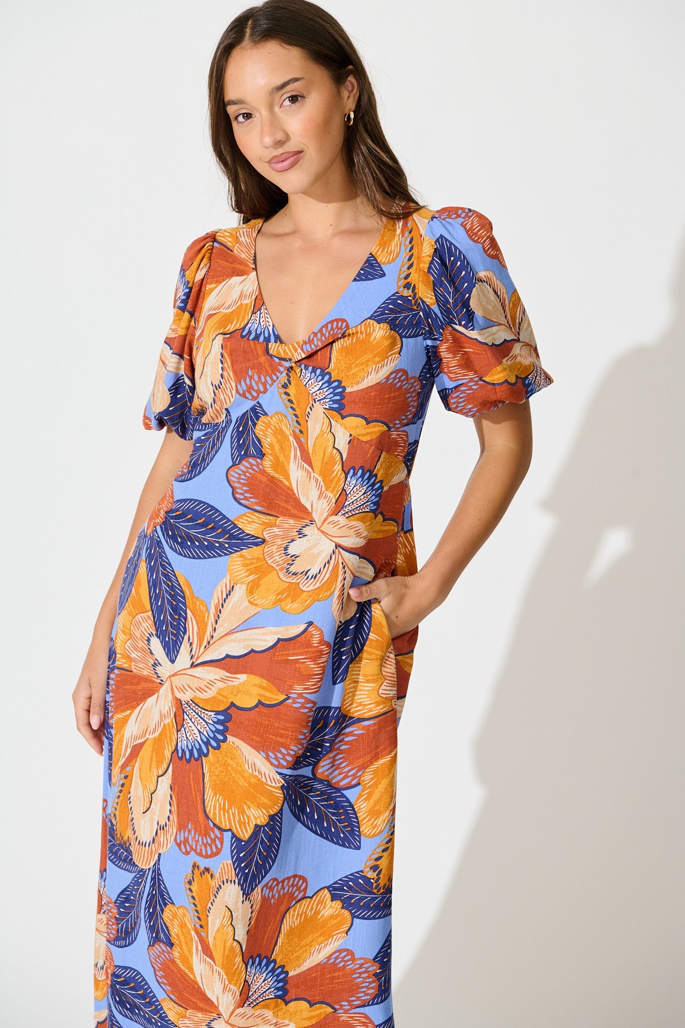 Calissa Midi Dress in Multi Print Linen Blend