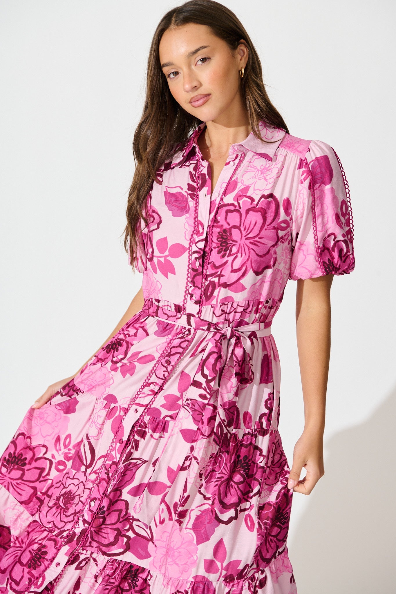 Audrey Maxi Shirt Dress in Pink Floral