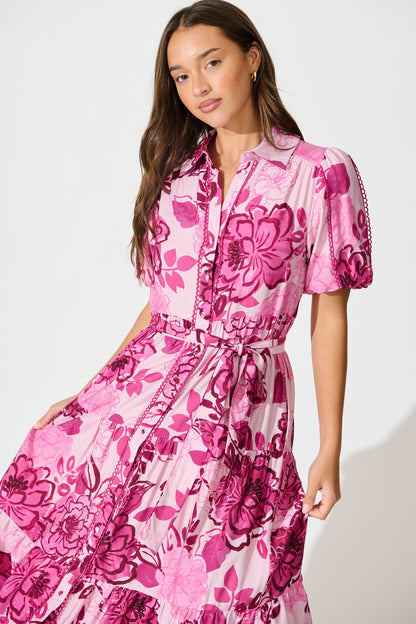 Audrey Maxi Shirt Dress in Pink Floral