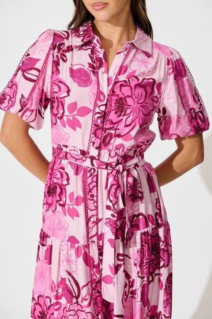 Audrey Maxi Shirt Dress in Pink Floral