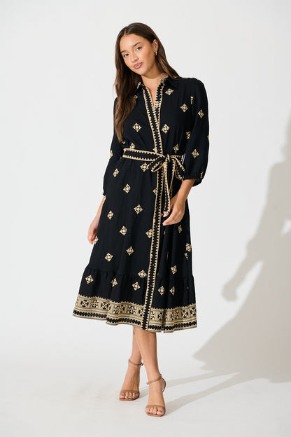 Nahla Midi Shirt Dress in Black with Cream Embroidery