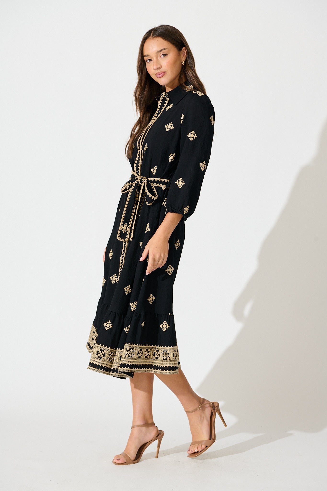 Nahla Midi Shirt Dress in Black with Cream Embroidery