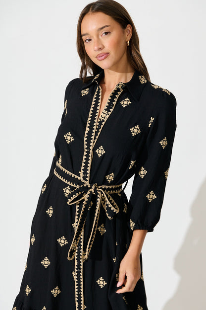 Nahla Midi Shirt Dress in Black with Cream Embroidery