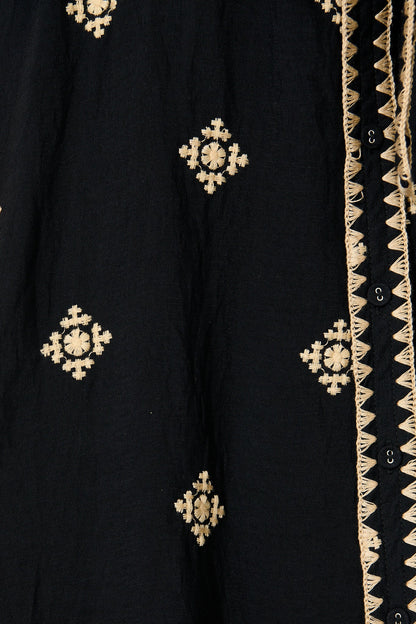 Nahla Midi Shirt Dress in Black with Cream Embroidery