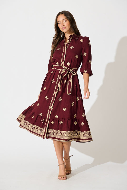 Nahla Midi Shirt Dress in Wine with Cream Embroidery