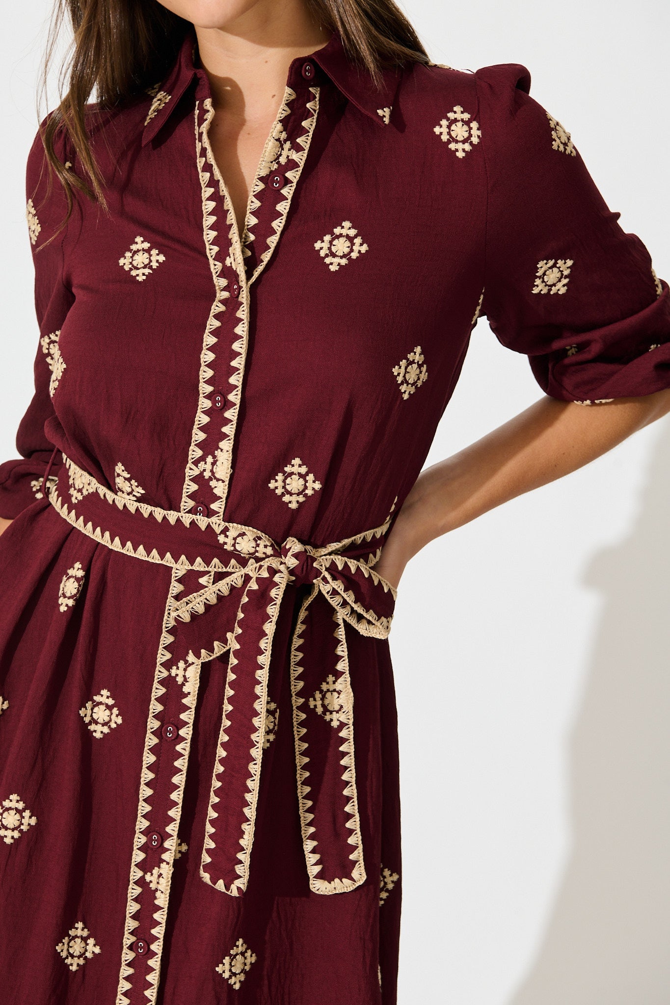 Nahla Midi Shirt Dress in Wine with Cream Embroidery