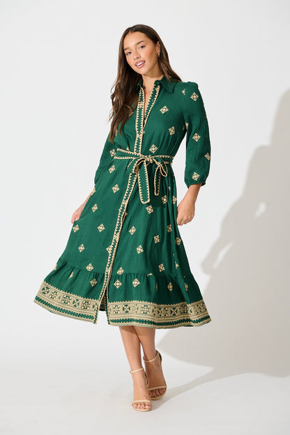 Nahla Midi Shirt Dress in Emerald with Cream Embroidery