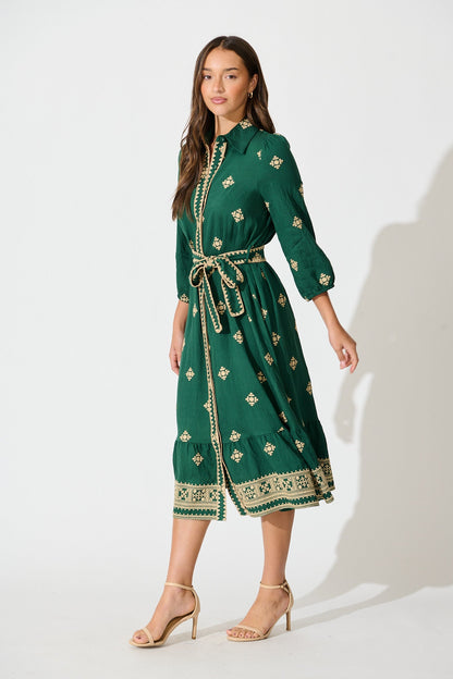 Nahla Midi Shirt Dress in Emerald with Cream Embroidery