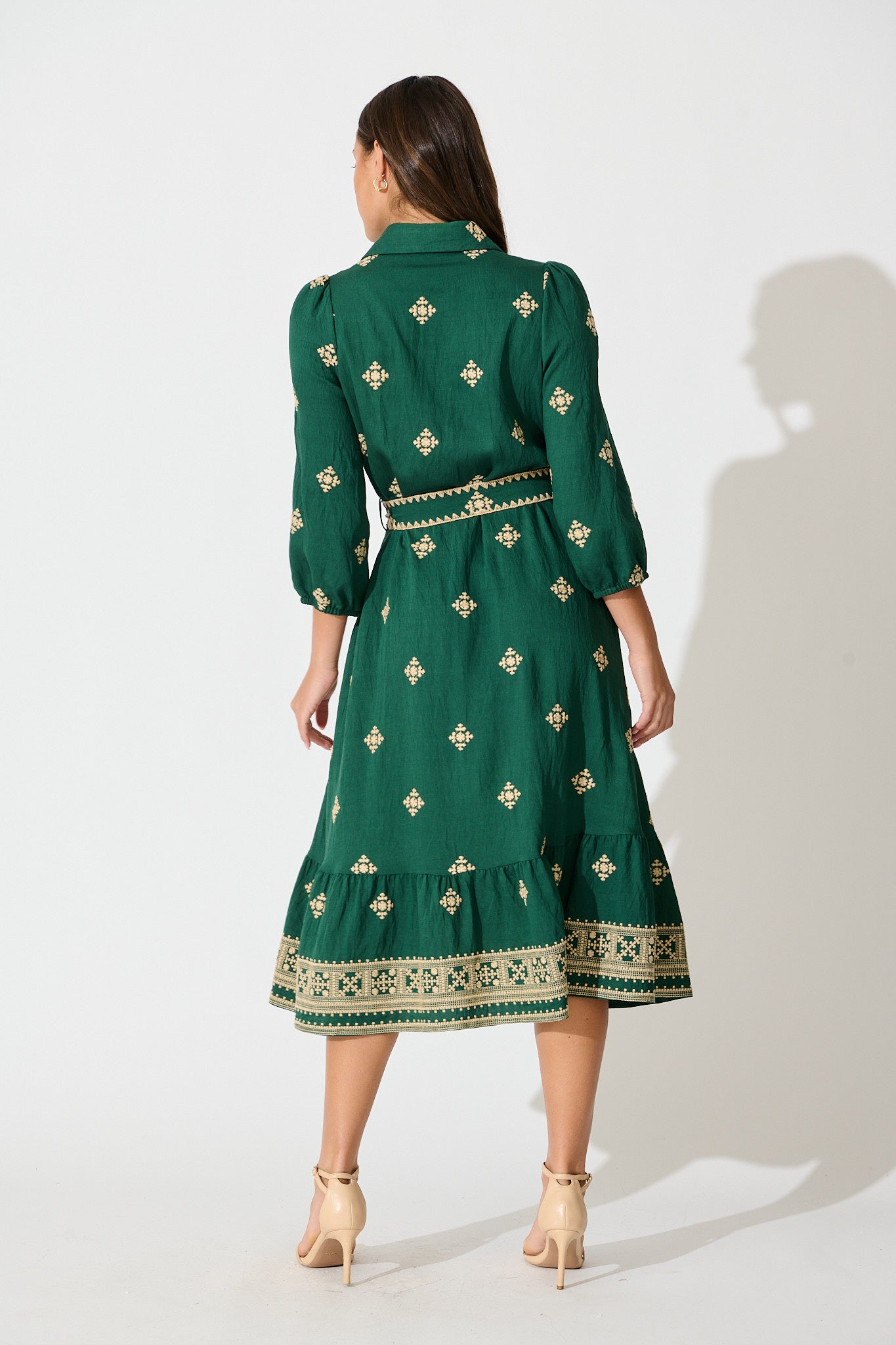 Nahla Midi Shirt Dress in Emerald with Cream Embroidery