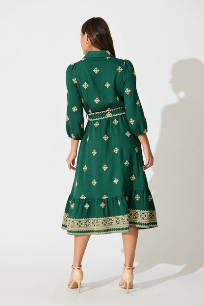 Nahla Midi Shirt Dress in Emerald with Cream Embroidery