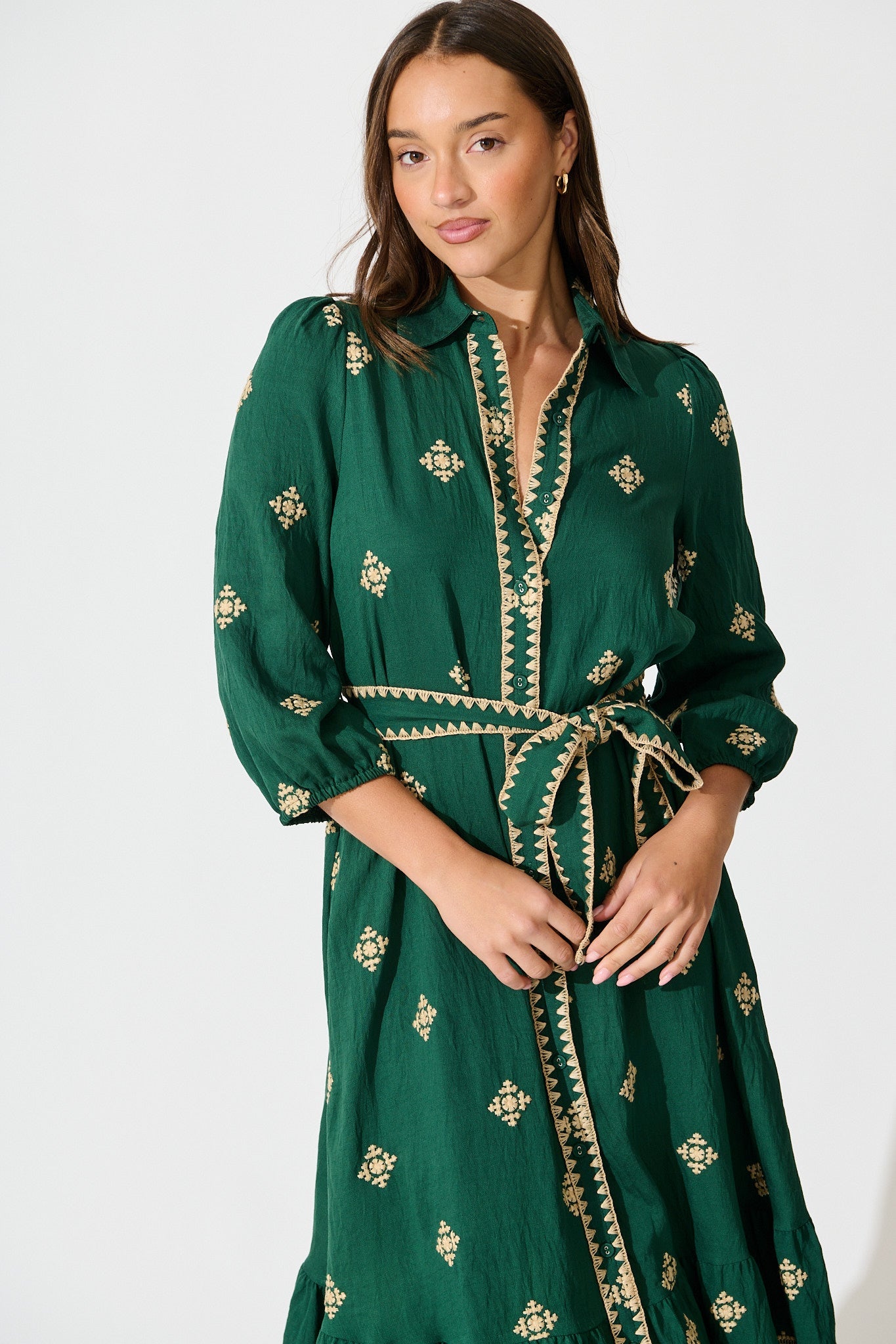 Nahla Midi Shirt Dress in Emerald with Cream Embroidery