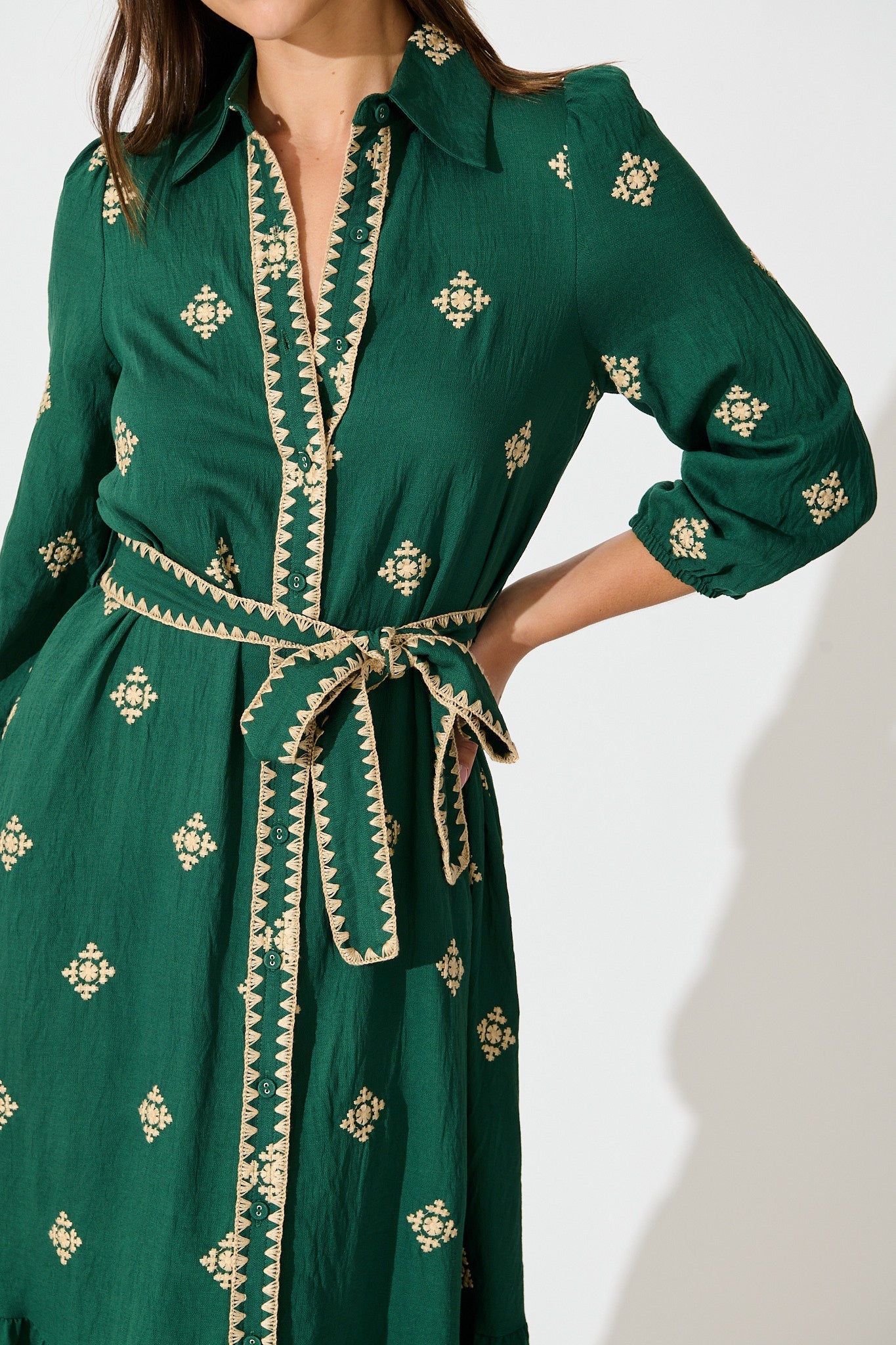 Nahla Midi Shirt Dress in Emerald with Cream Embroidery