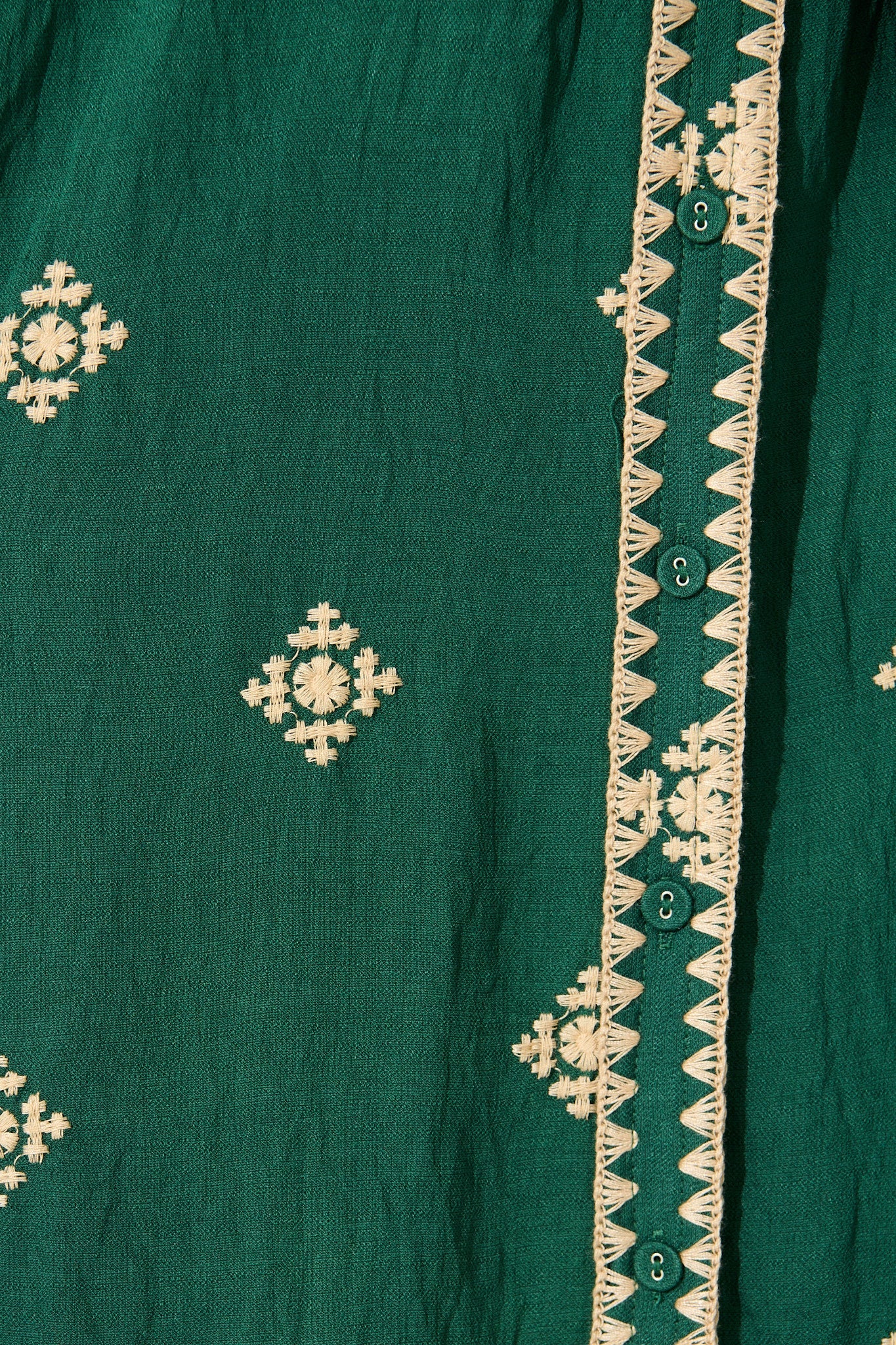 Nahla Midi Shirt Dress in Emerald with Cream Embroidery
