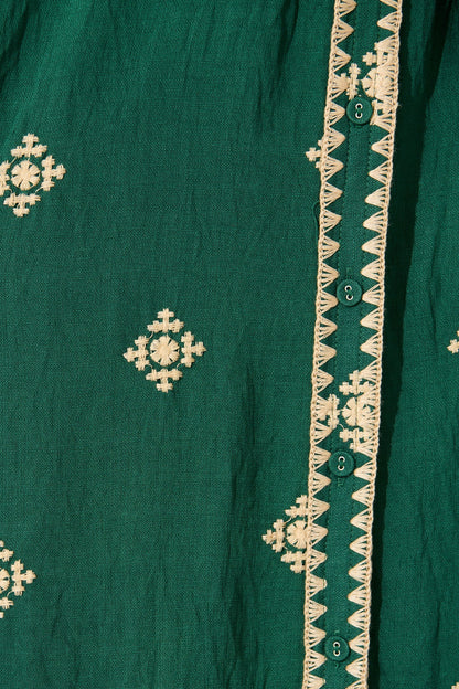 Nahla Midi Shirt Dress in Emerald with Cream Embroidery