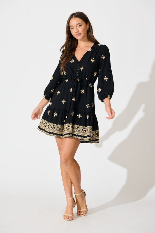 Byron Dress in Black with Cream Embroidery