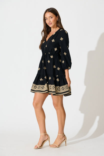 Byron Dress in Black with Cream Embroidery
