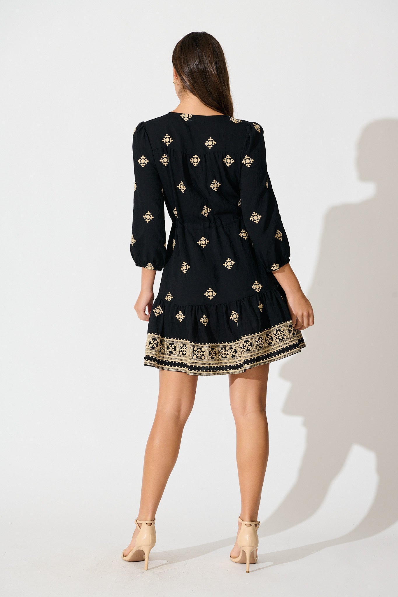 Byron Dress in Black with Cream Embroidery