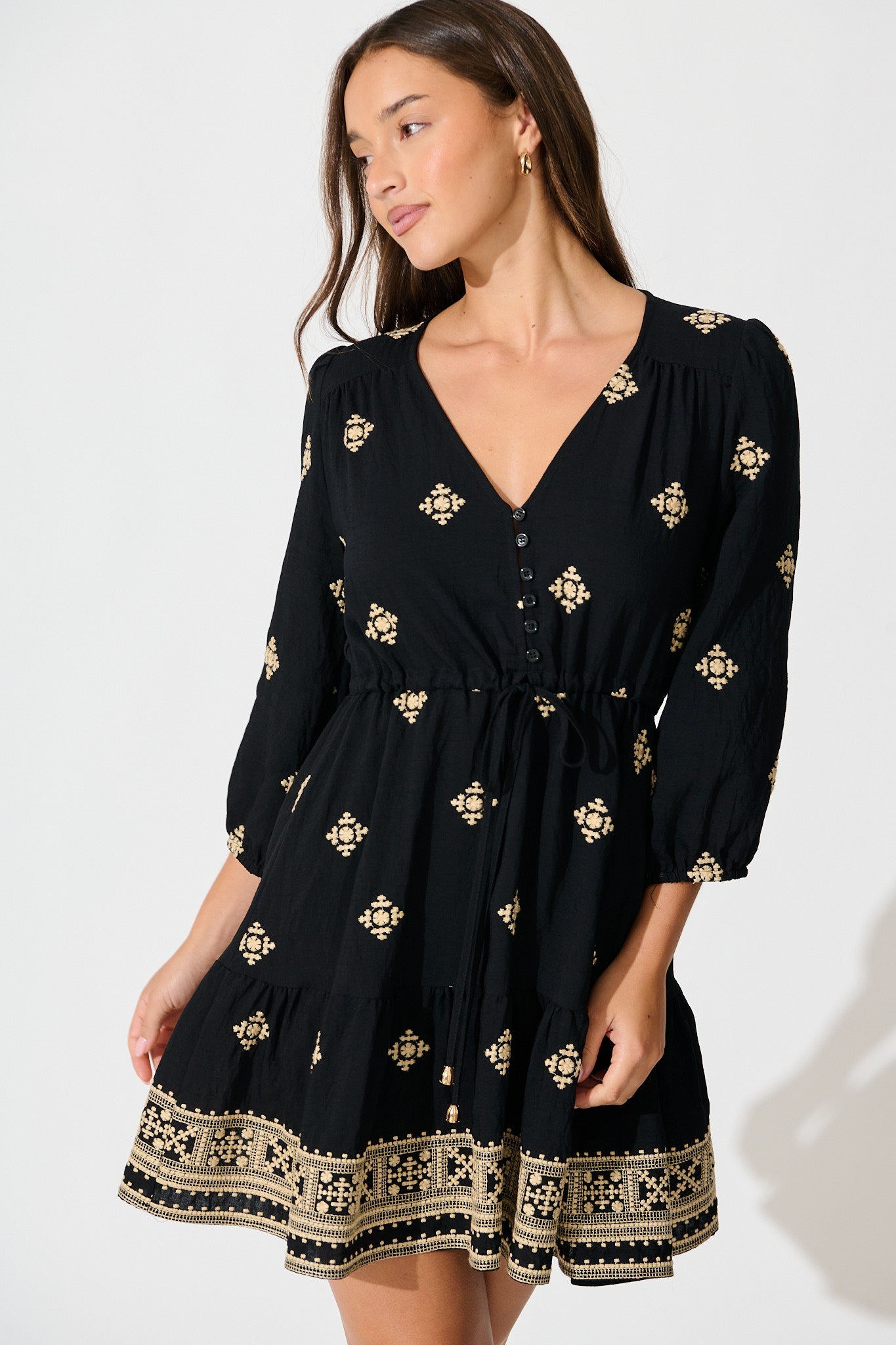 Byron Dress in Black with Cream Embroidery