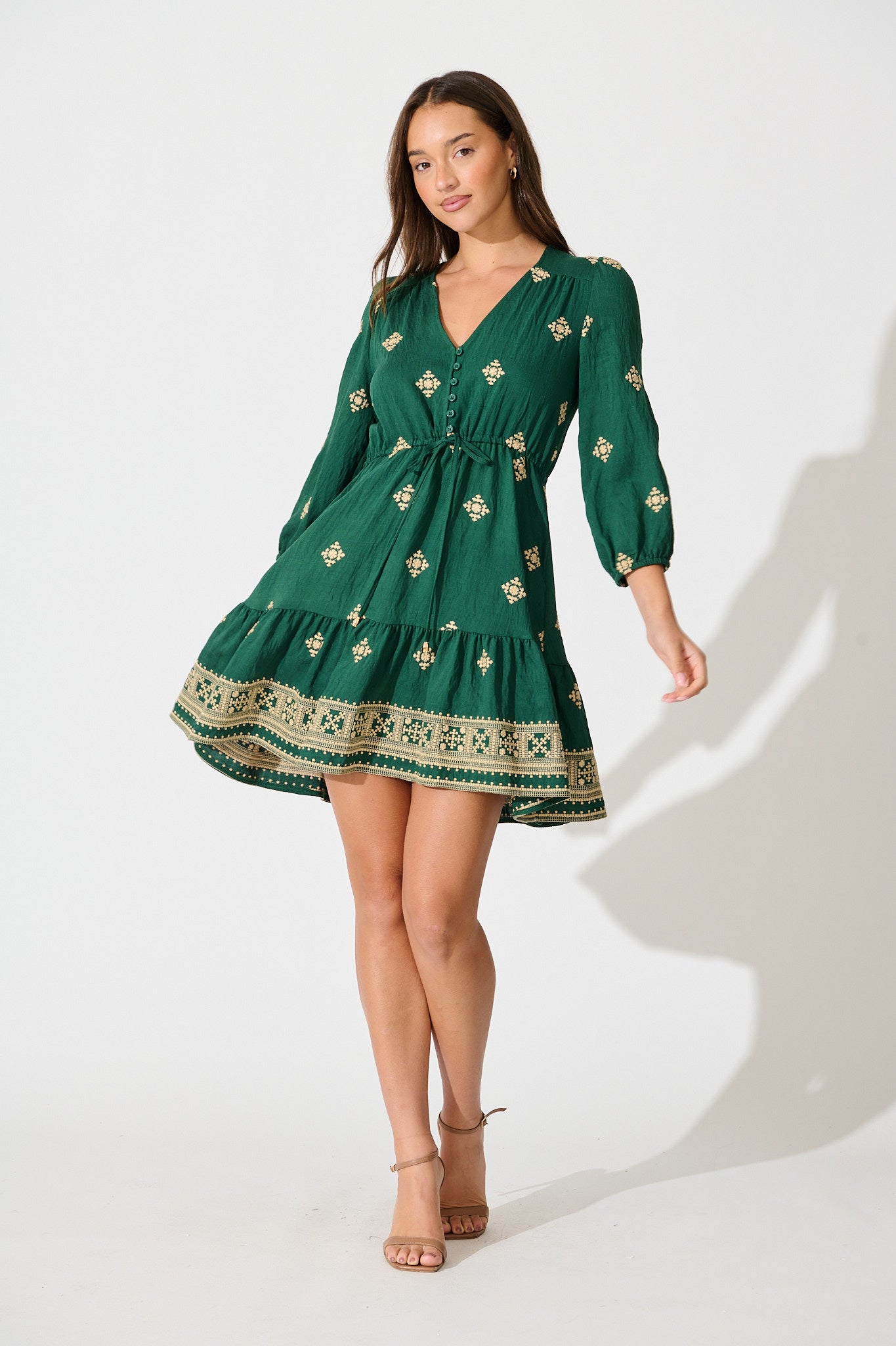 Byron Dress in Emerald with Cream Embroidery