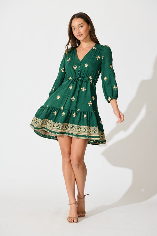 Byron Dress in Emerald with Cream Embroidery