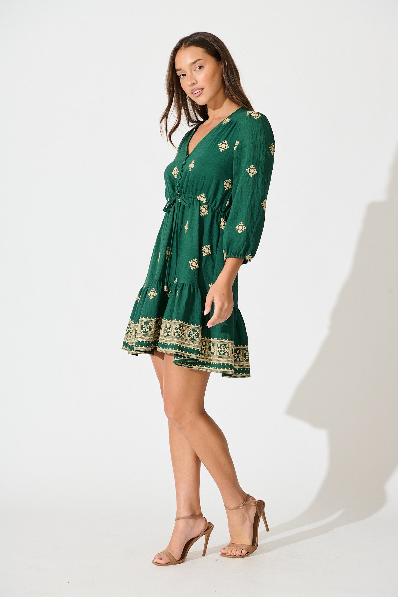 Byron Dress in Emerald with Cream Embroidery