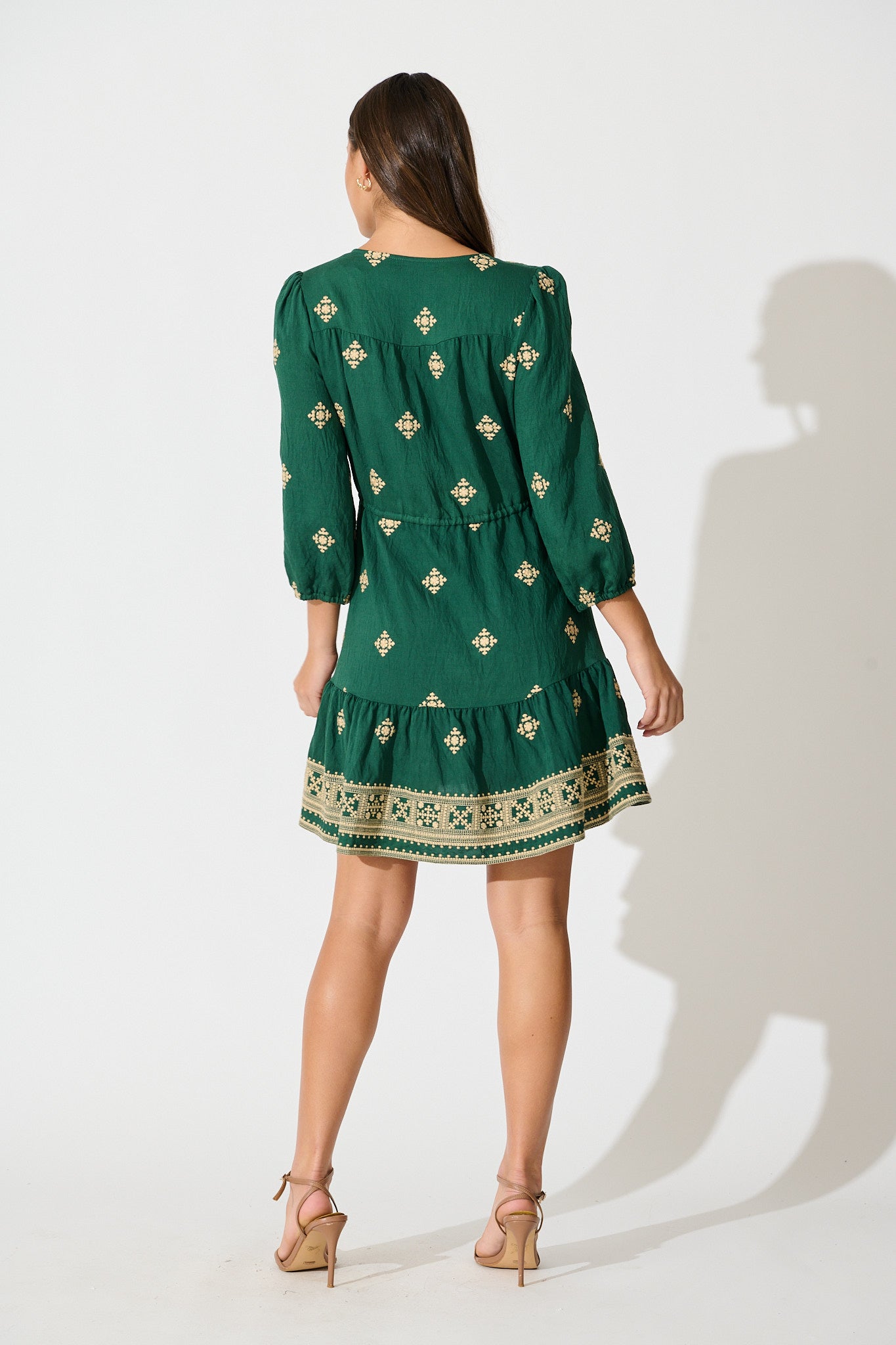 Byron Dress in Emerald with Cream Embroidery