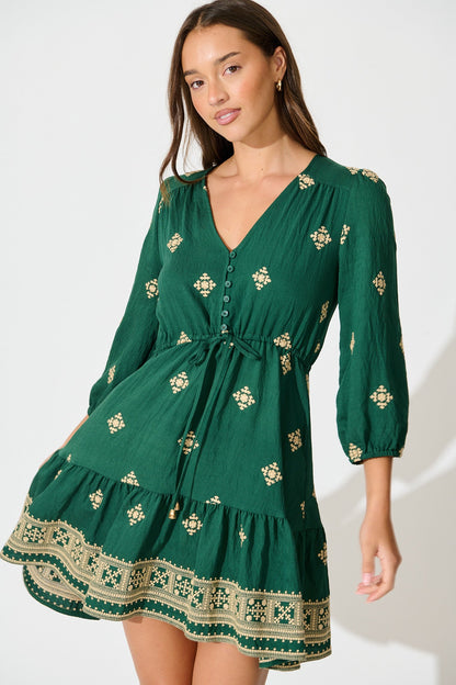Byron Dress in Emerald with Cream Embroidery