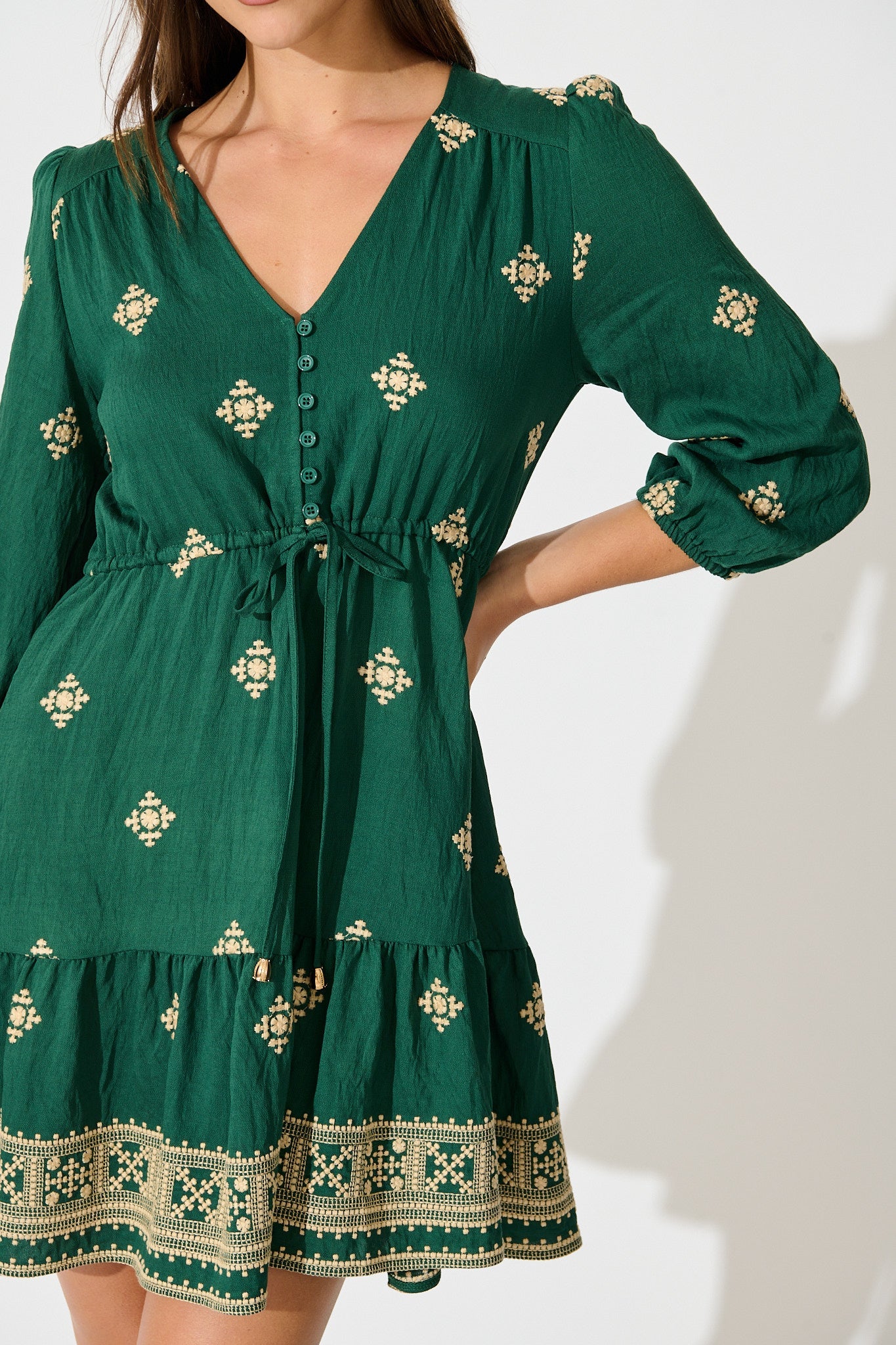 Byron Dress in Emerald with Cream Embroidery