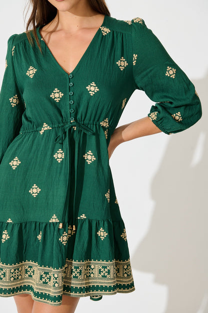 Byron Dress in Emerald with Cream Embroidery