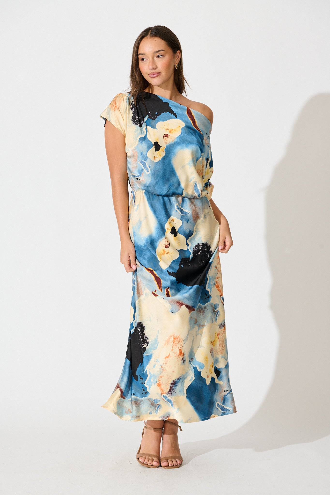 Sarita Maxi Off Shoulder Dress in Blue Watercolour Satin