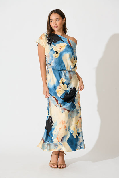 Sarita Maxi Off Shoulder Dress in Blue Watercolour Satin