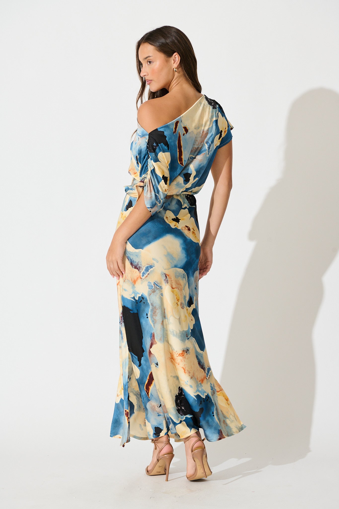Sarita Maxi Off Shoulder Dress in Blue Watercolour Satin