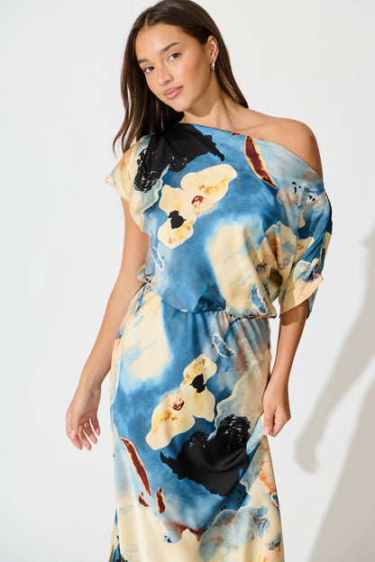 Sarita Maxi Off Shoulder Dress in Blue Watercolour Satin