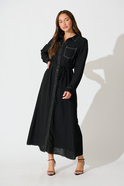 Renee Maxi Shirt Dress in Black Linen Blend