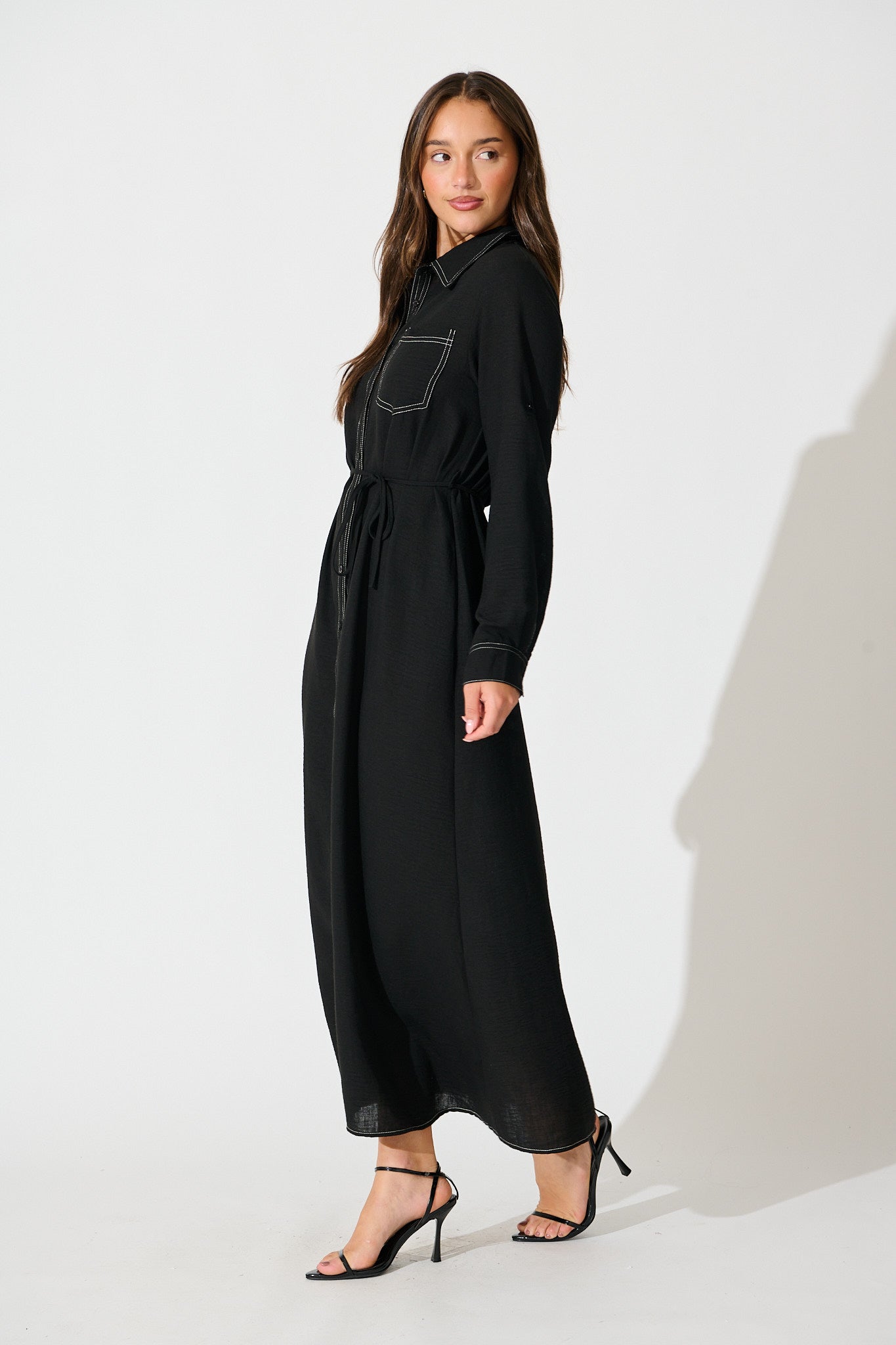 Renee Maxi Shirt Dress in Black Linen Blend