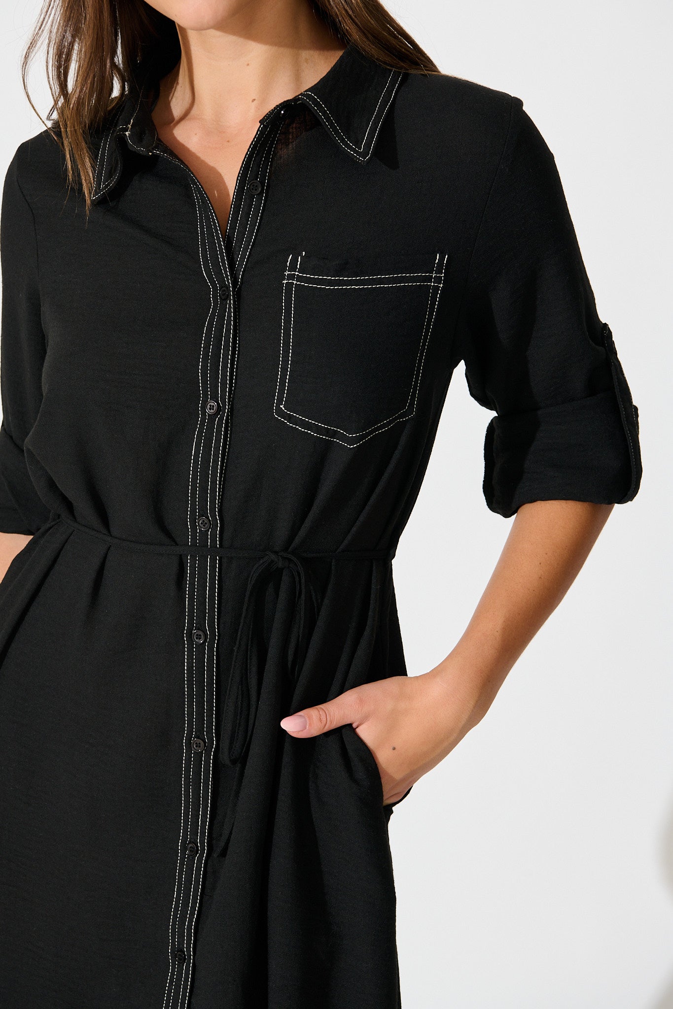 Renee Maxi Shirt Dress in Black Linen Blend