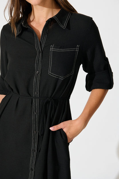 Renee Maxi Shirt Dress in Black Linen Blend