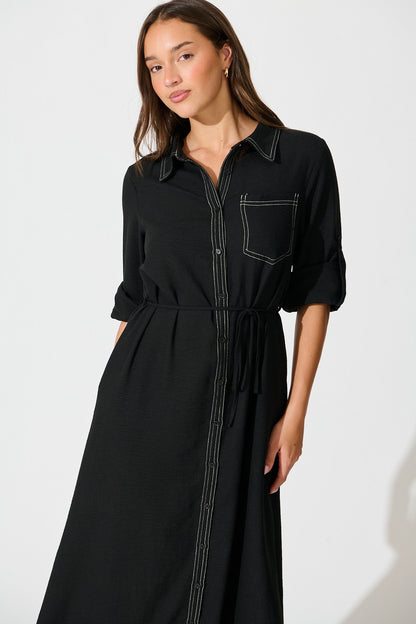 Renee Maxi Shirt Dress in Black Linen Blend