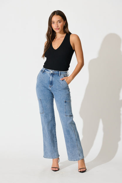 Celeste High Rise Straight Cargo Jean in Mid Blue Denim