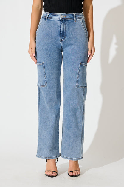 Celeste High Rise Straight Cargo Jean in Mid Blue Denim