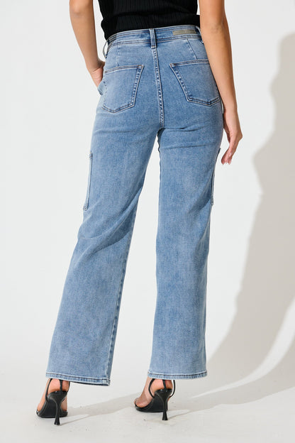 Celeste High Rise Straight Cargo Jean in Mid Blue Denim