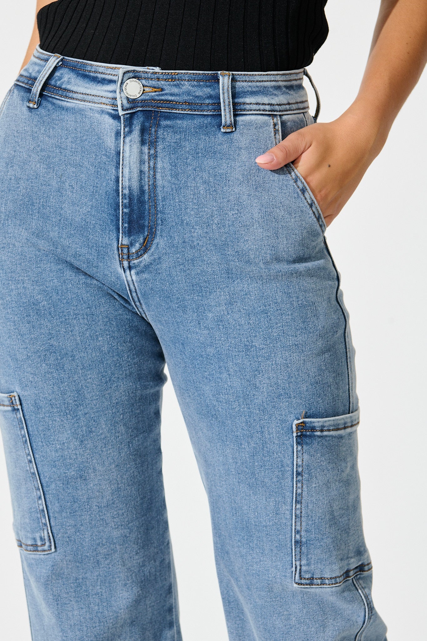 Celeste High Rise Straight Cargo Jean in Mid Blue Denim