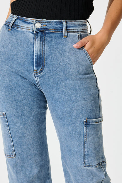 Celeste High Rise Straight Cargo Jean in Mid Blue Denim