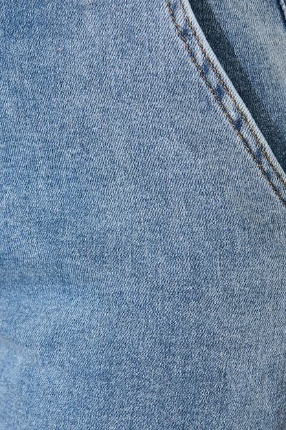 Celeste High Rise Straight Cargo Jean in Mid Blue Denim