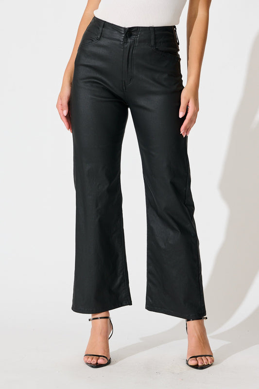 Natalie High Rise Straight Leg Pant in Black Wet Look