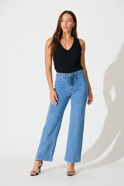 Tied Up High Rise Wide Leg Jean in Mid Blue Denim